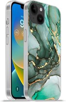 Geschikt voorApple Iphone 14 Plus - Soft case hoesje - Goud - Marmer print - Groen - Luxe - Marmer printlook - Grijs - Siliconen Telefoonhoesje