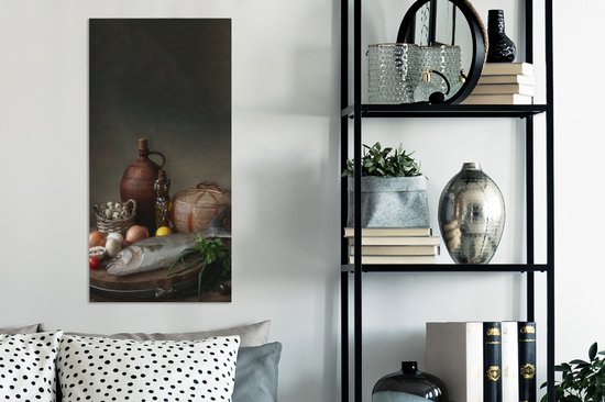 Peinture sur toile rustique - Poisson - Nature morte - Légumes - Herbes - 40x80 cm - Décoration murale