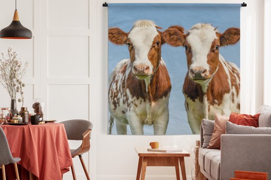 Wandkleed - Wanddoek - Koeien - Lucht - Dieren - Boerderij - Portret - 180x180 cm - Wandtapijt