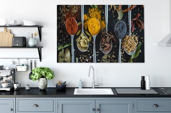 Tableau sur toile Herbes - Cuillère - Épices - Zwart - Cuisine - 140x90 cm - Décoration murale