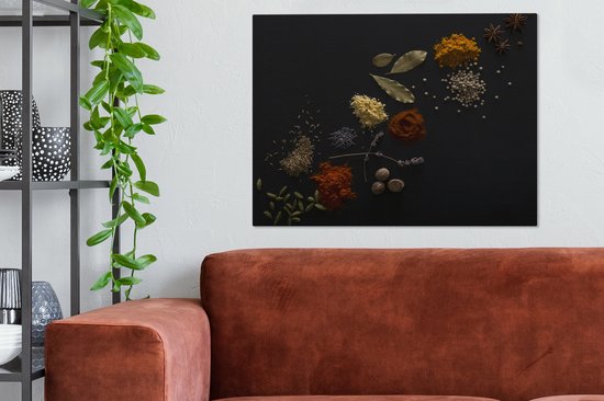 Canvas Schilderij Kruiden - Zwart - Specerijen - Keuken - Koken - 80x60 cm - Wanddecoratie