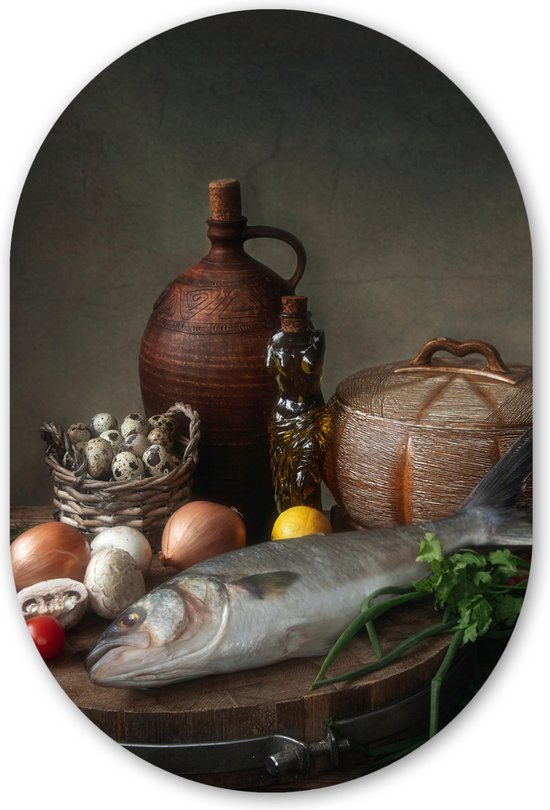 Ovale Mural - Ovale Mural - Décoration murale Plastique - Peinture Ovale - Rustique - Poisson - Nature Morte - Légumes - Herbes - 80x120 cm - Forme Miroir Ovale sur Plastique