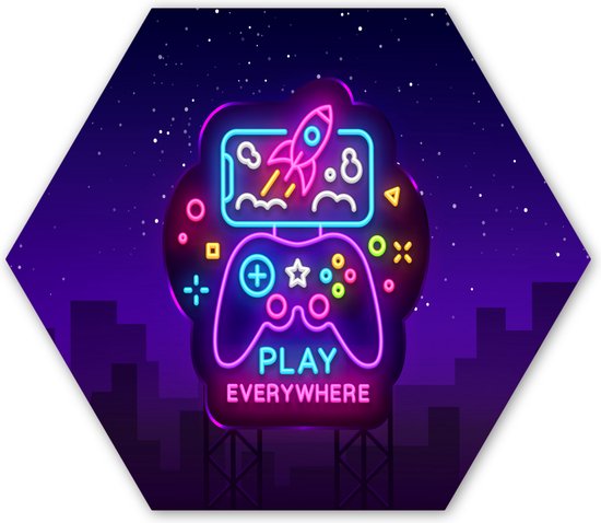 Hexagon wanddecoratie - Kunststof Wanddecoratie - Hexagon Schilderij - Gaming - Neon - Play - Blauw - Nacht - Controller - 37x32 cm