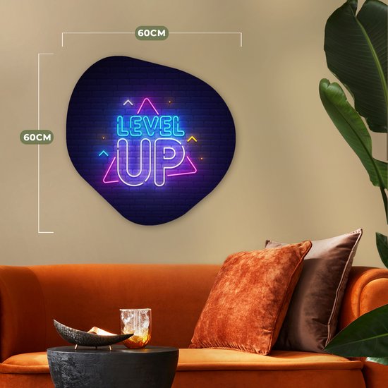 Organische Wanddecoratie - Kunststof Muurdecoratie- Organisch Schilderij - Gaming - Neon - Level Up - Quotes - Gamen- 60x60 cm - Organische spiegel vorm op kunststof