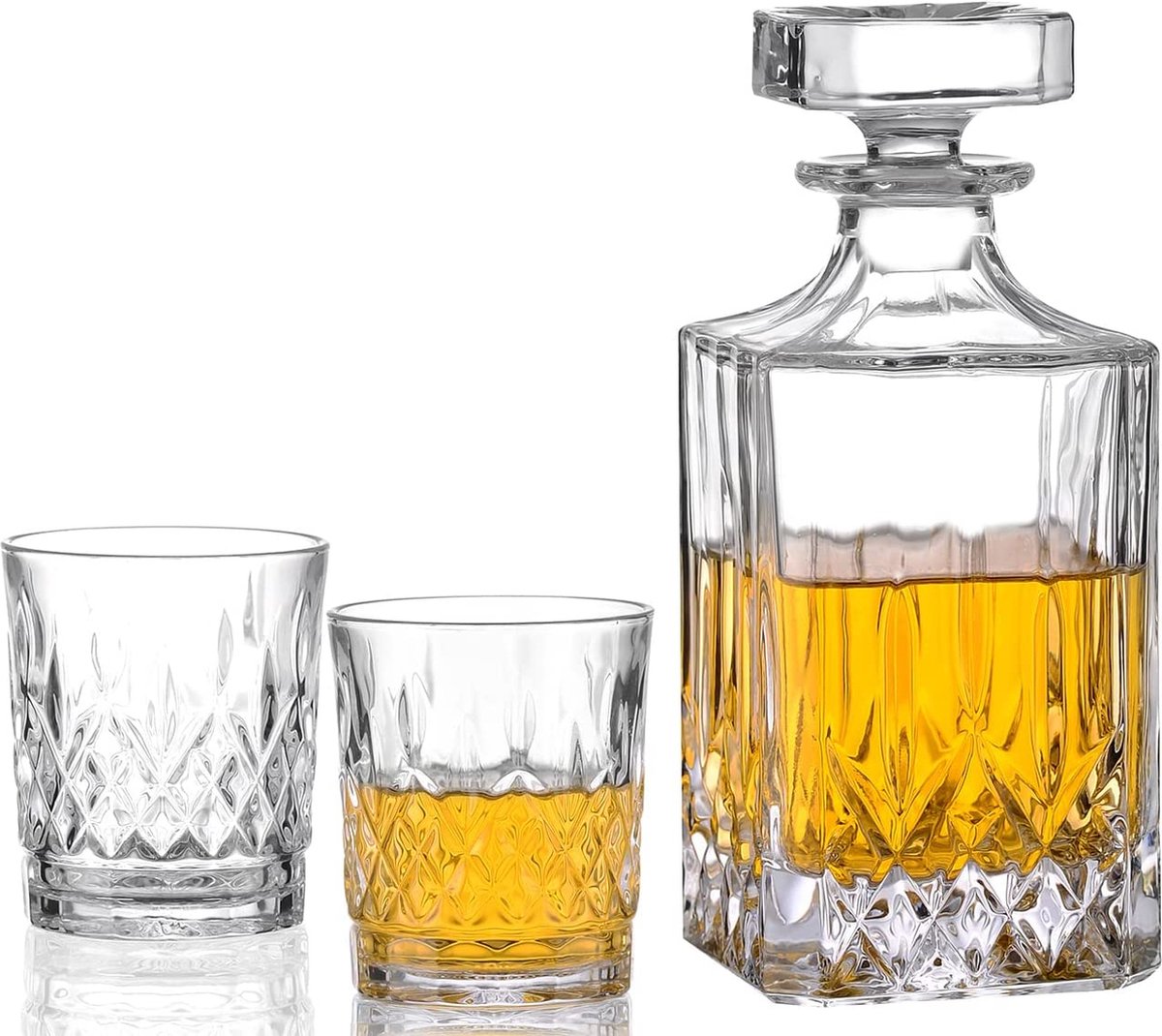 Amisglass Whisky-karaf en glazen set - Originele kristallen likeur karaf set voor Bourbon, Scotch of Whisky, 3-delig