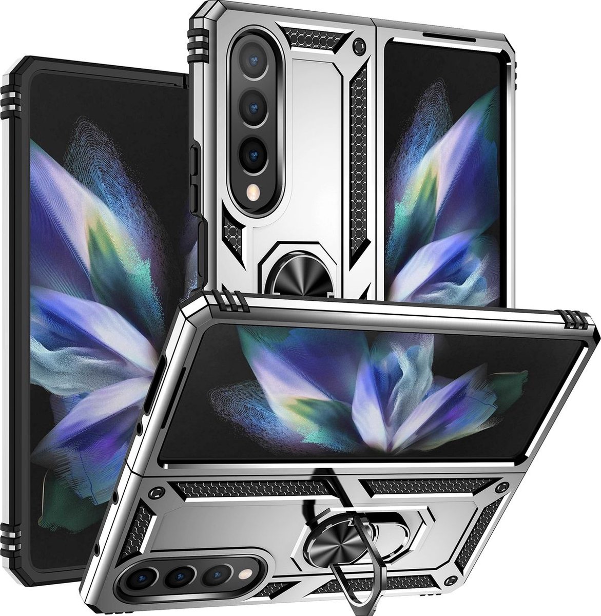 Mobigear Hoesje geschikt voor Samsung Galaxy Z Fold 4 Telefoonhoesje Hardcase | Mobigear Armor Ring Backcover Shockproof met Ringhouder | Schokbestendig Galaxy Z Fold 4 Telefoonhoesje | Anti Shock Proof - Zilver