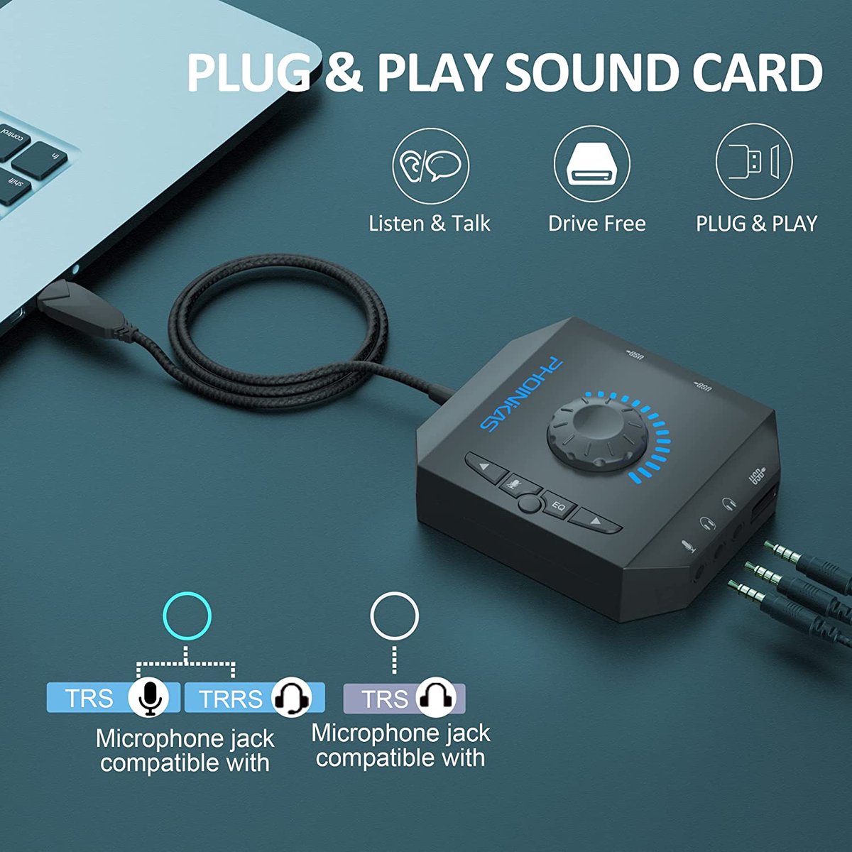 Externe Soundkarte, PHOINIKAS T10 USB Audio Adapter für PC Windows, Mac, Linux, Laptops