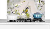 Spatscherm keuken 100x50 cm - Kookplaat achterwand Vogel - Koolmees - Bloemen - Bloesemboom - Muurbeschermer - Spatwand fornuis - Hoogwaardig aluminium