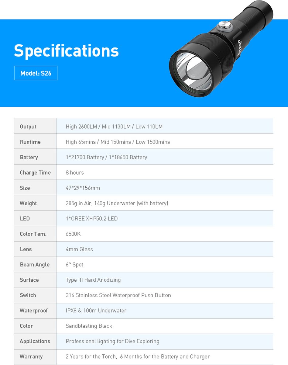 Divepro Duiklamp S26 2600 Lumen