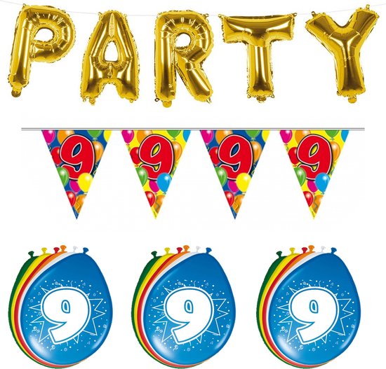 Folat Verjaardag feestversiering 9 jaar PARTY letters en 16x