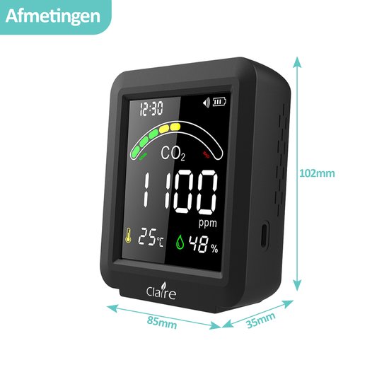 Claire Airbox CO2 meter met afmetingen: 85mm breed, 102mm hoog en 35mm diep. Toont 1100 ppm CO2, 25°C, 48% luchtvochtigheid.