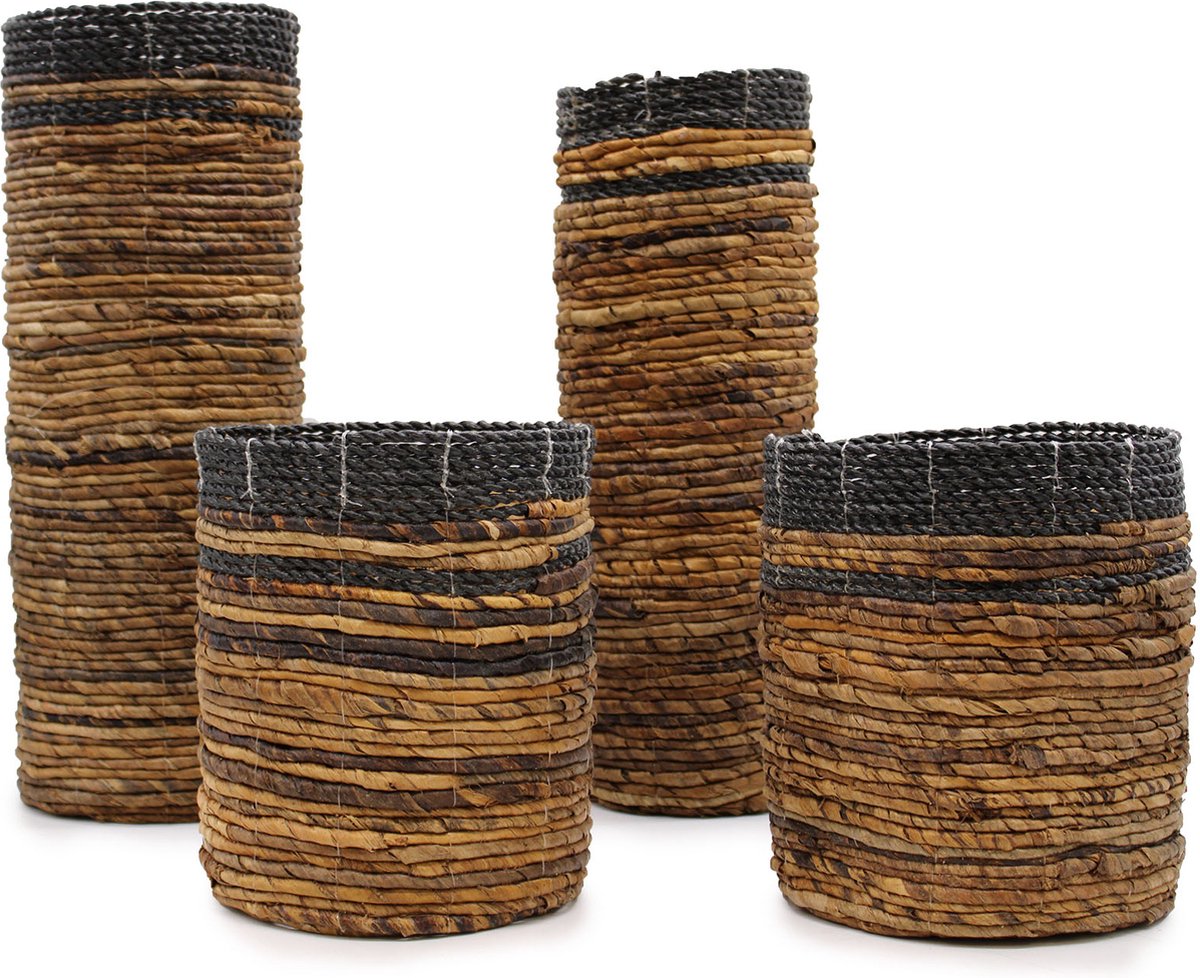 Rieten Manden Set - 4 Stuks - Donker Bruin & Zwart - Bananenblad - Hoge Ronde Manden & Vazen