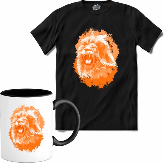 Oranje Leeuw - Oranje elftal WK / EK voetbal kampioenschap - bier feest kleding - grappige zinnen, spreuken en teksten - T-Shirt met mok - Heren - Zwart - Maat 4XL