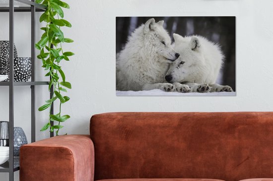 Deux loups blancs dans la neige sur toile 2cm 90x60 cm - Tirage photo sur toile (Décoration murale salon / chambre) / Animaux sauvages Peintures sur toile