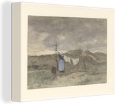Canvas Schilderij Vrouw bij een waslijn in de duinen - Schilderij van Anton Mauve - 40x30 cm - Wanddecoratie