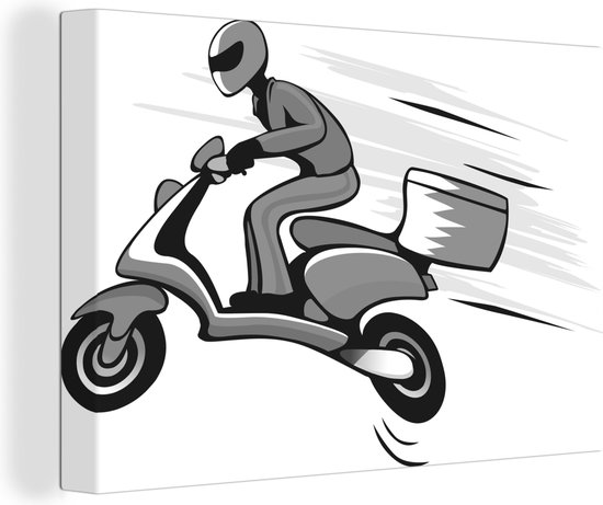 Canvas Schilderij Een illustratie van een scooter op snelheid - zwart wit - 80x60 cm - Wanddecoratie