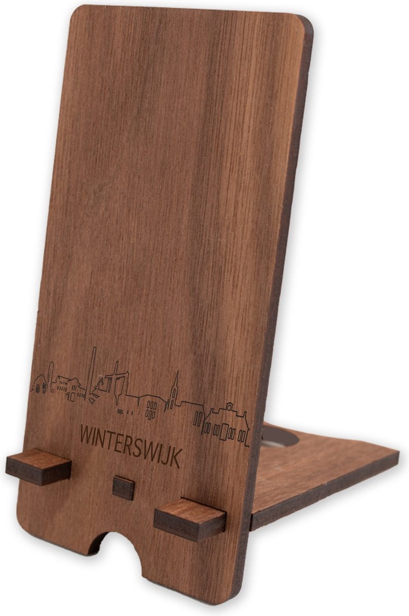 Skyline Telefoonhouder Winterswijk Notenhout - Smartphone Tablet Houder 7x15 cm - iPad / iPhone / Smartphone tafel standaard desktop - Thuis werken - Cadeau - WoodWideCities