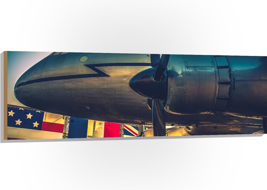 WallClassics - Hout - Groot Vliegtuig bij Verschillende Vlaggen - 150x50 cm - 12 mm dik - Foto op Hout (Met Ophangsysteem)