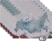 Placemat kinderen - Placemat - Placemats kunststof - Rusland - Wereldkaart - Verf - 45x30 cm - 6 stuks - Hittebestendig - Anti-Slip - Onderlegger - Afneembaar