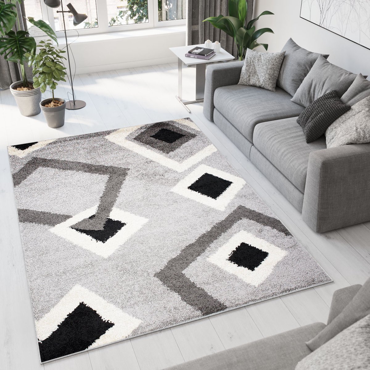 Tapiso Delhi Vloerkleed Hoogpolig Shaggy Geometrisch Tapijt Maat- 60x100 Grijs Wit Zwart