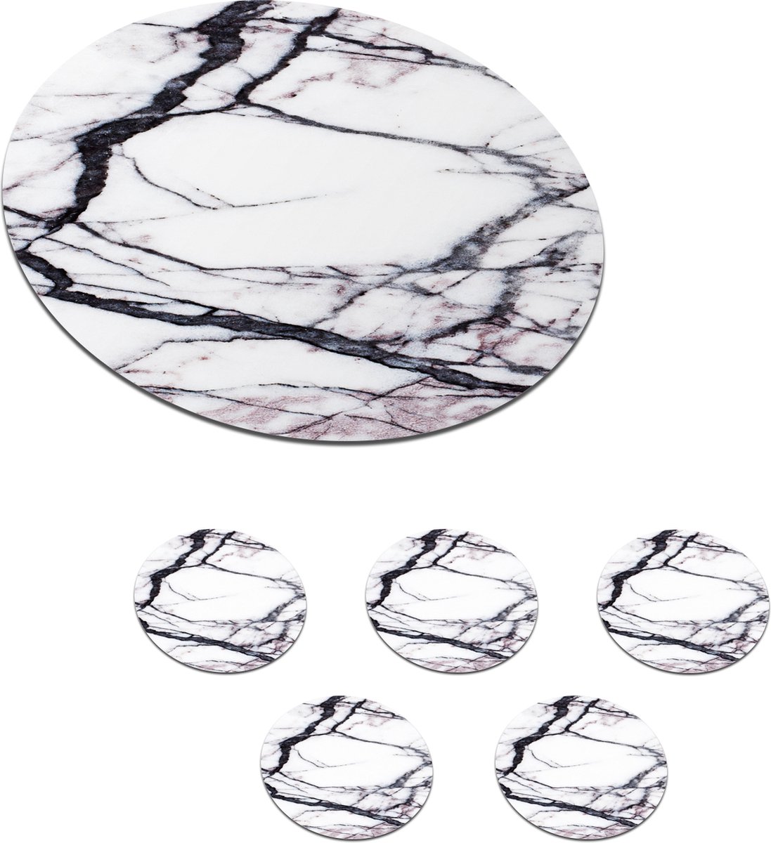 Onderzetters voor glazen - Rond - Marmer - Wit - Zwart - 10x10 cm - Glasonderzetters - 6 stuks