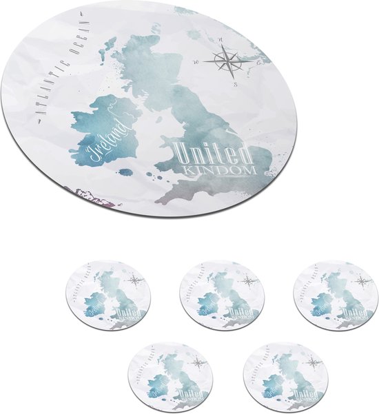 Onderzetters voor glazen - Rond - Waterverf - Wereldkaart - Engeland - 10x10 cm - Glasonderzetters - 6 stuks