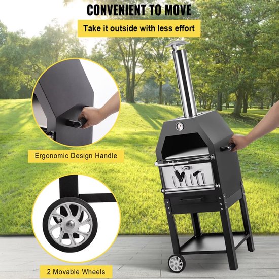 Pizzaoven - Houtoven - Buiten - Buitenkeuken - Buitenoven - Hout gestookt - Met wielen - Zwart -140x40x35 — afbeelding 2