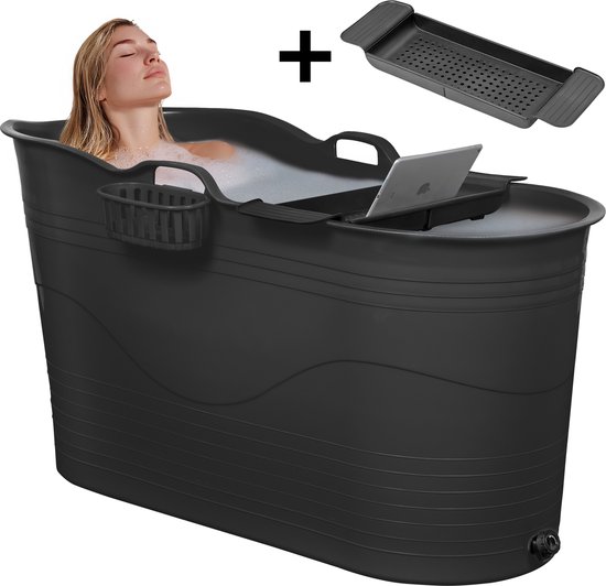 LIFEBATH - Zitbad Mira - Bath Bucket XL - Met badrek en kraan - Icebucket 230L - Wim Hof Methode - Ijsbad - Ice Bath - Ligbad 122 cm - Black