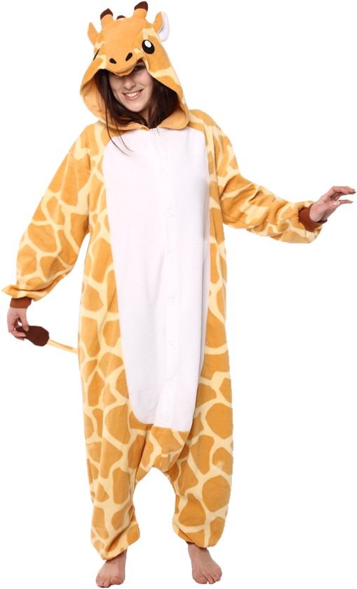 KIMU® Onesie Giraf Pak - Maat M-L of 170-176 - Girafpak Kostuum Oranje Geel Giraffe - Jumpsuit Zacht Huispak Dierenpak Pyjama Dames Heren Festival