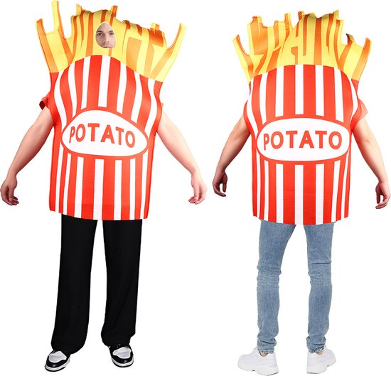 Twee personen in frietkostuum, één met zwarte broek en één met spijkerbroek, de tekst POTATO op de voorkant.