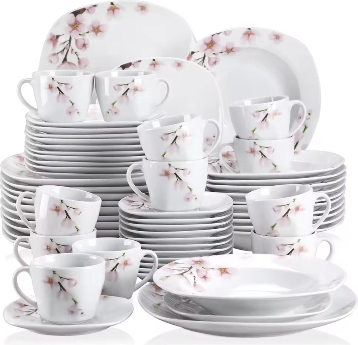 Serviesset - Servies - Serviesset 60 delig - 12 Bord groot - 12 Bord klein - 12 Soep bord - 12 Kopje - 12 Schoteltje - Wit - Bloem