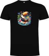 T-shirt Zwart avec imprimé « Toucan coloré dans une bouée avec cocktail – Fête – Vacances – Détente – Bonnes vibrations » en couleur, taille 3XL