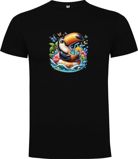T-shirt Zwart avec imprimé « Toucan coloré dans une bouée avec cocktail – Fête – Vacances – Détente – Bonnes vibrations » en couleur, taille 3XL