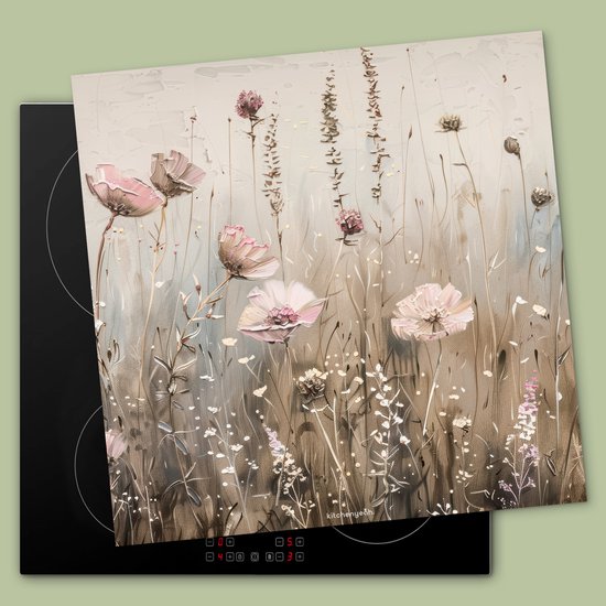 KitchenYeah® Protection plaque induction 60x60 cm - Fleurs - Beige - Fleurs sèches - Protege plaque de cuisson - Couvre plaque induction - Protecteur d'induction - Cuisine