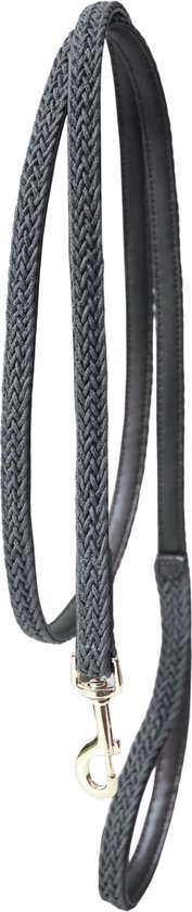 Grijze, gevlochten lijn met bruin leren handvat en gouden clip.