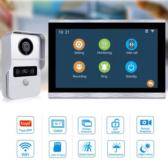 Witte Smart Video Deurbel - Tweeweg Intercom - 7 Inch Monitor Scherm - Incl. 32G SD-kaart - Draadloze Verbinding Via App - Bewakingscamera's - Deurbelsysteem - 1080P — afbeelding 3