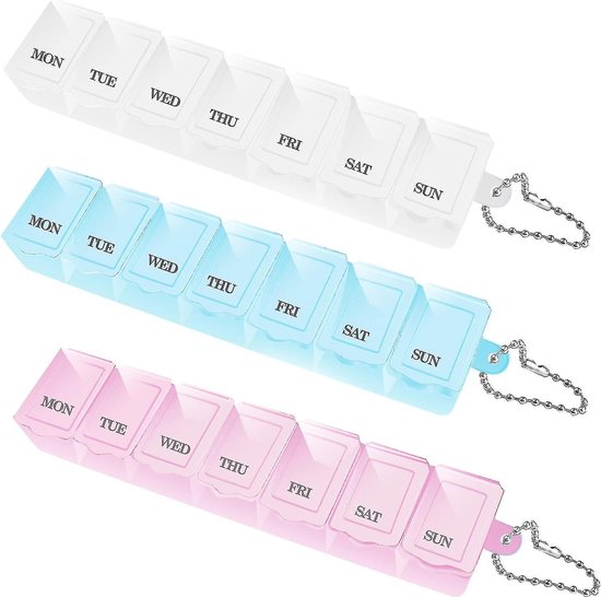 Pilulier 7 jours 3 pièces - Boîte à médicaments - Boîtes à pilules - Boîte à médicaments - 15 x 3,3 x 2,3 cm - PP - blanc, rose, bleu