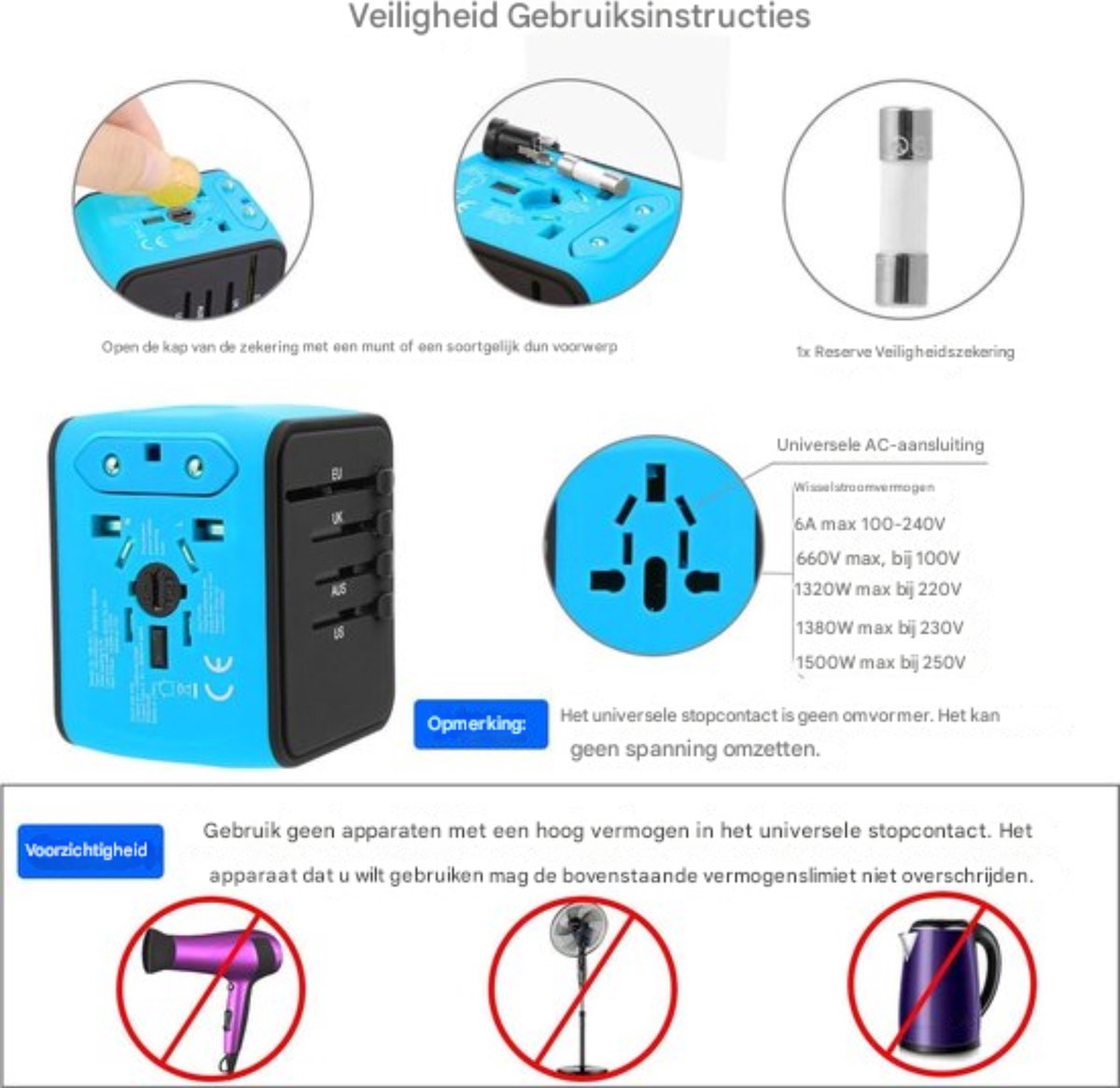 Universele Reisadapter - Compact Ontwerp - Met 3 USB-Poorten - Wereldwijd Gebruik — cadeau in Gadgets - foto 3