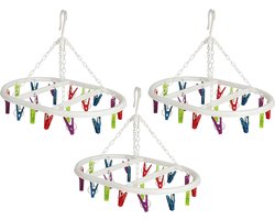 Wasgoed droogcarrousel/droogmolen - 3x - 20 clips/knijpers - multi kleuren - kunststof - 29 x 42 cm