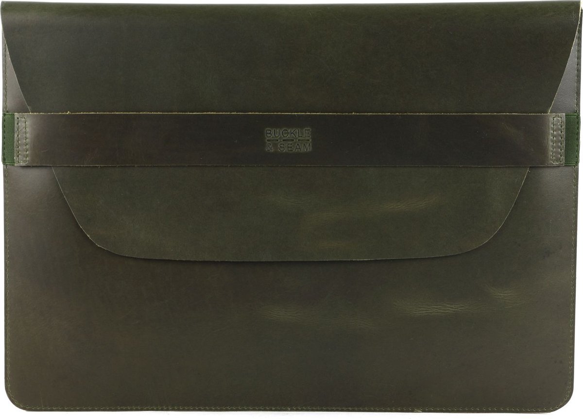 BUCKLE & SEAM Leren Laptop hoes met laptopvak Terra Leather Laptop Sleeve Crazy Horse Olive Donkergroen