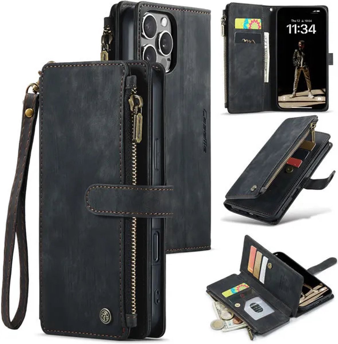 CaseMe - Hoesje geschikt voor Apple iPhone 16 Pro - Vintage Wallet Book Case Ritssluiting - Met Magneetsluiting - Zwart
