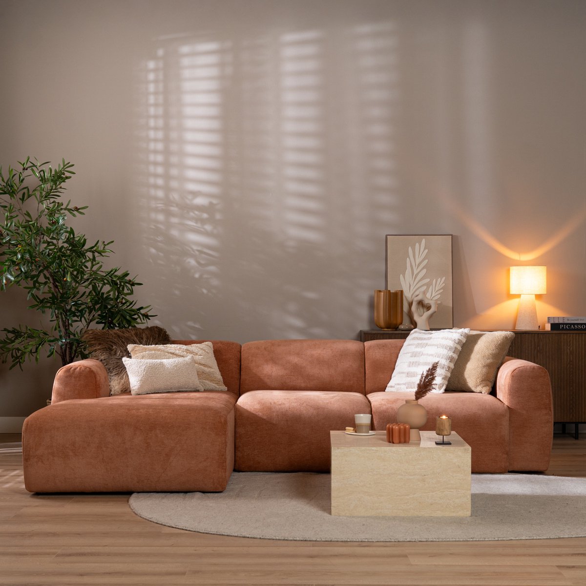 Bronx71® Hoekbank Maine gemêleerde stof terracotta links