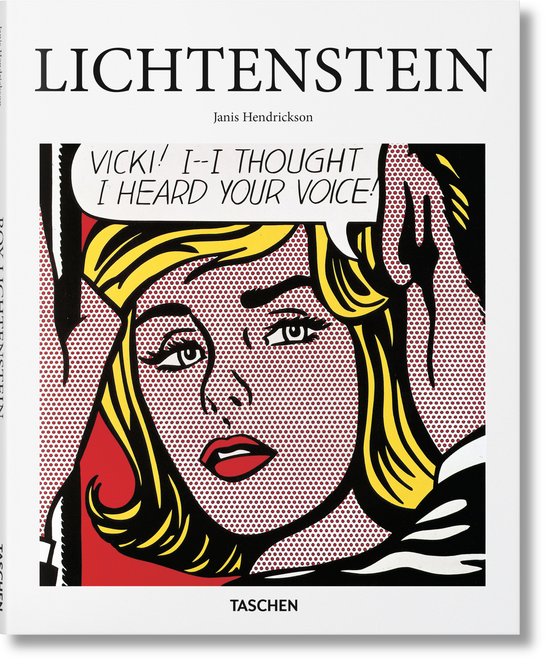 Boek kaft met Lichtenstein-kunst: "VICKI! I--I THOUGHT I HEARD YOUR VOICE!", meisje met blonde haren, rode lippen, gestippeld patroon.