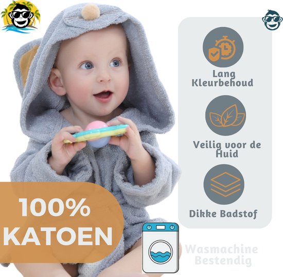 BoefieBoef Donkere Muis Kinder Badjas Baby & Peuter 0-2 Jaar (0-85 cm) – Zacht Katoen Badstof met Dieren Capuchon – Absorberende Ochtendjas Handdoek voor Jongen & Meisje – Zwemles, Carnaval, Verjaardag & Kraamcadeau – Perfect na Bad & Zwemmen — afbeelding 3
