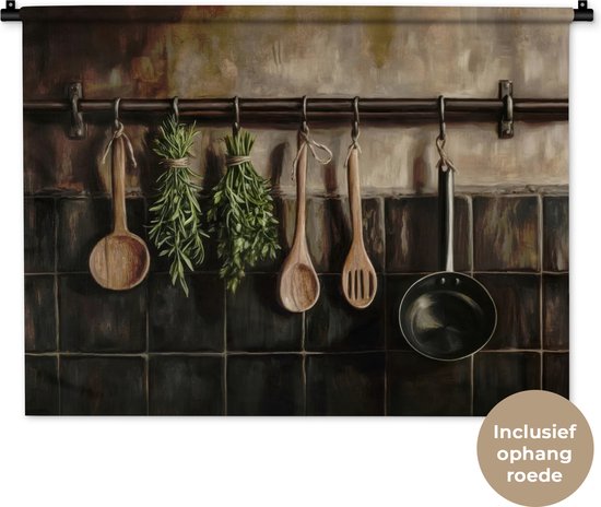 Tapisserie murale 90x67,5 cm - Tapisserie murale - Ustensiles de cuisine - Rustique - carrelages - Herbes - Tapisserie - Tapisseries