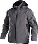 Grijze DASSY softshelljas met capuchon, rits, donkerblauwe stiksels en reflecterende details.
