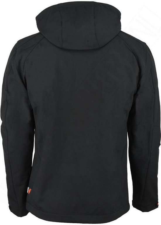 Zwarte softshell jas met capuchon, zichtbaar van achteren.