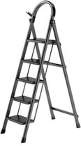 Foxsport Échelle de ménage 5 marches - Échelle de cuisine - Pliable - Escabeau - Antidérapant - Sécurité - Léger - Max. Hauteur de travail 300cm - Zwart