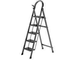 Foxsport Huishoudtrap 5 treden - Keukentrap - Inklapbaar - Trapladder - Anti-Slip - veiligheid - Lichtgewicht - Max. Werkhoogte 300cm - Zwart