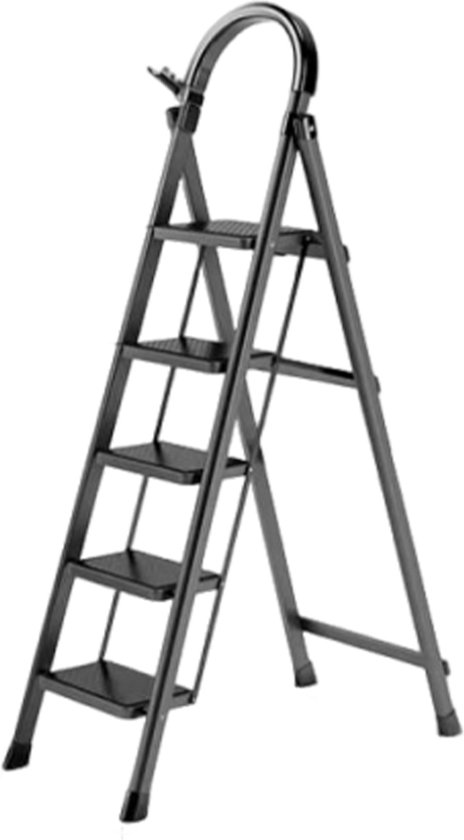 Foxsport Huishoudtrap 5 treden - Keukentrap - Inklapbaar - Trapladder - Anti-Slip - veiligheid - Lichtgewicht - Max. Werkhoogte 300cm - Zwart